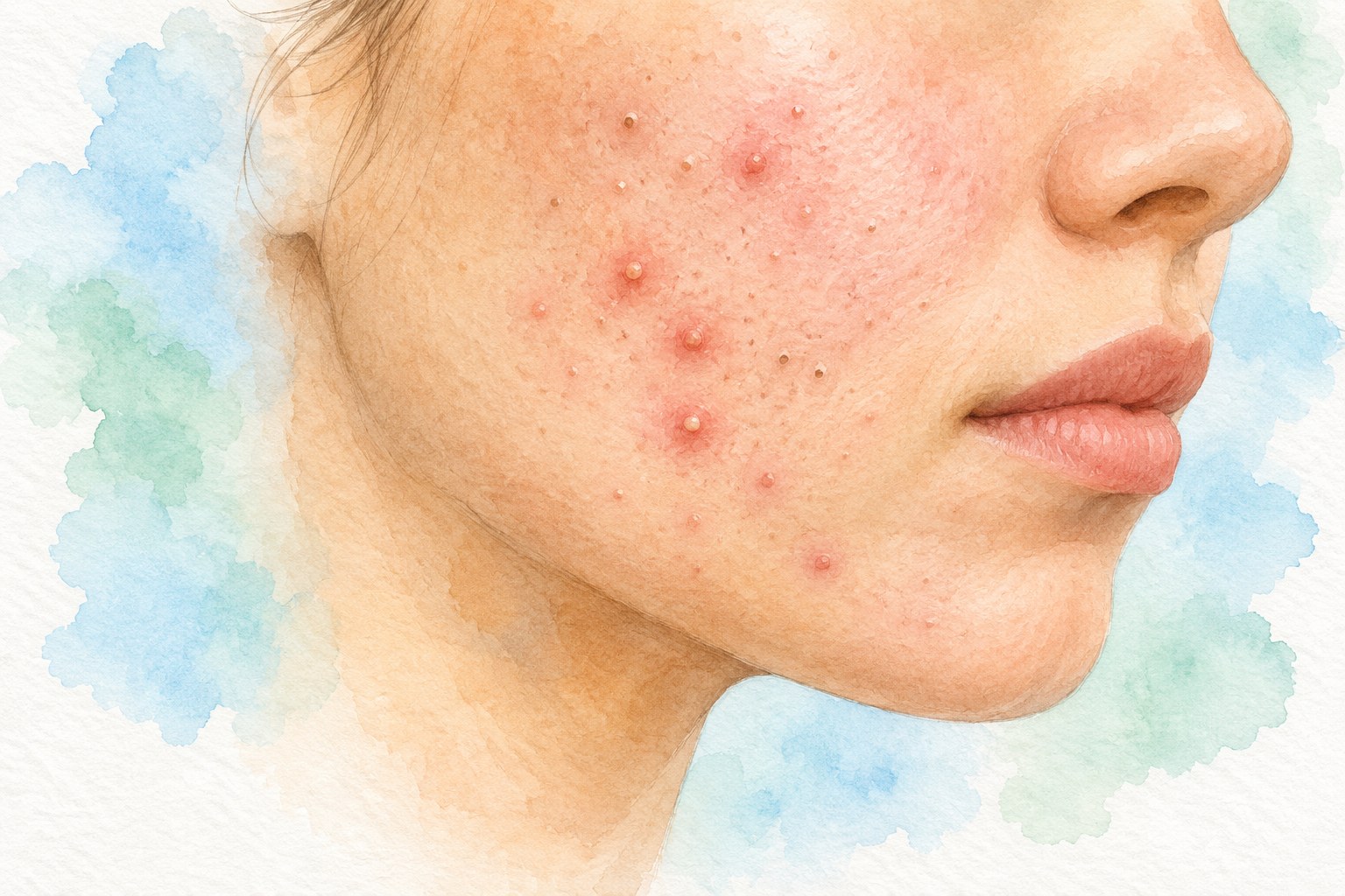Yanakta inflamatuvar akne lezyonları, sulu boya illüstrasyon